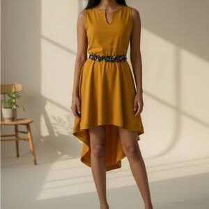 Chic Mustard High-Low Dress with Embellished Waist (belt not included)